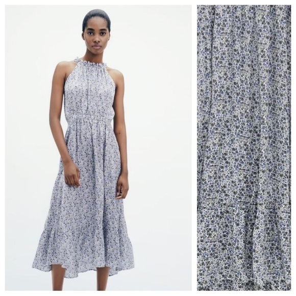 NWT. Zara White/Blue Floral Print Satin Effect Halterneck Midi Dress. Size S. - Picture 1 of 8